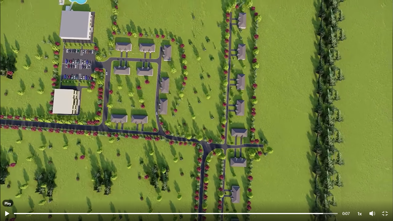 Aerial concept rendering showing the BioLabShare campus, residences, research building, and recreation center